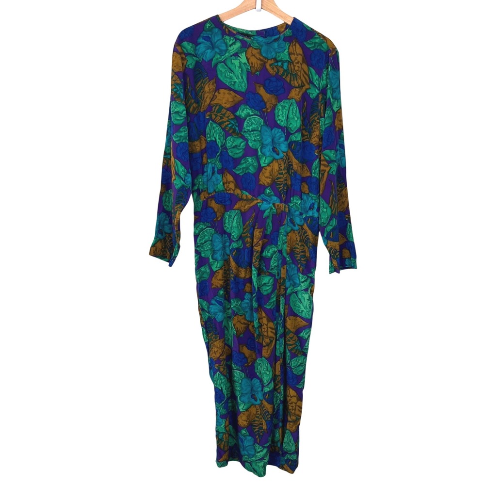 Gillian Vintage Silk Midi Dress Purple Teal Tropical Long Sleeve Pockets Sz 14